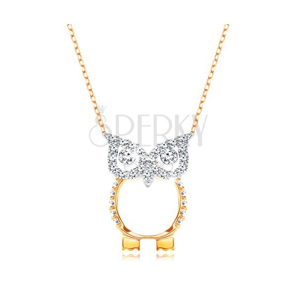Zlatý 9K náhrdelník - retiazka z oválnych očiek, sova zdobená čírymi zirkónikmi