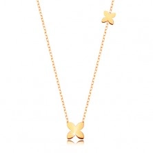 Zlatý 9K náhrdelník - tenká retiazka, dva jednoduché lesklé kvietky