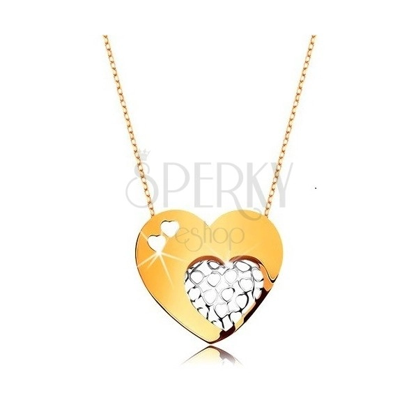 Náhrdelník z 9K zlata - tenká retiazka, veľké srdce zdobené výrezmi malých srdiečok