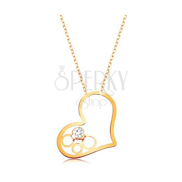 Zlatý 9K náhrdelník - tenká retiazka, kontúra srdca s kruhmi a čírym zirkónom
