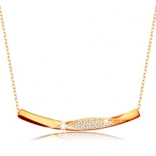 Zlatý 9K náhrdelník - retiazka z oválnych očiek, lesklá zahnutá línia so zirkónikmi