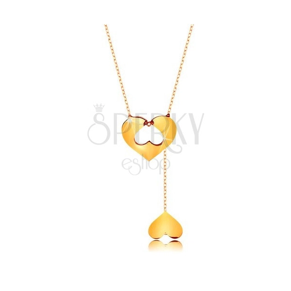 Náhrdelník v 9K zlate - jemná retiazka, srdce s výrezom a visiace obrátené srdiečko