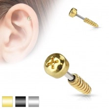 Oceľový piercing do tragusu ucha - imitácia skrutky, rôzne farby