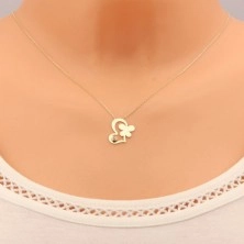 Zlatý 9K náhrdelník - retiazka z oválnych očiek, kontúra srdca, motýľ a číry zirkón