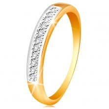 Zlatý 14K prsteň - ligotavý pás z čírych zirkónov s lemom z bieleho zlata