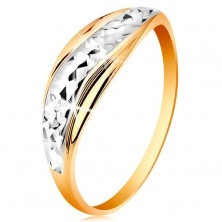 Zlatý prsteň 585 - vlnky z bieleho a žltého zlata, ligotavý brúsený povrch