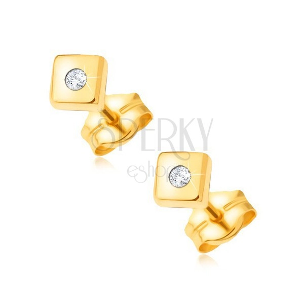 Diamantové zlaté náušnice 585 - lesklé štvorce s drobným čírym briliantom v strede