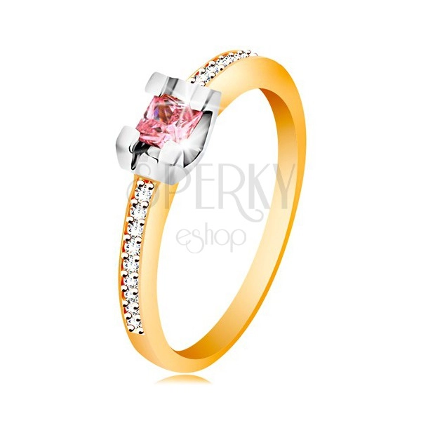 Zlatý 14K prsteň - trblietavé ramená, okrúhly ružový zirkón v kotlíku z bieleho zlata