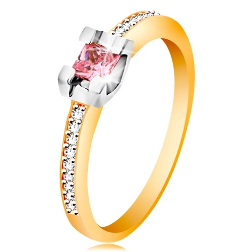 Zlatý 14K prsteň - trblietavé ramená, okrúhly ružový zirkón v kotlíku z bieleho zlata - Veľkosť: 52 mm