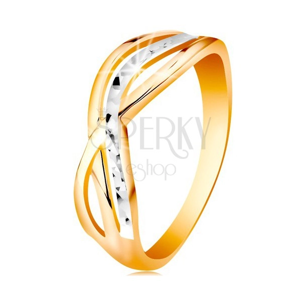 Dvojfarebný prsteň v 14K zlate - zvlnené a rozvetvené línie ramien, ryhy