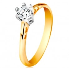 Zlatý 14K prsteň - okrúhle výrezy na ramenách, číry zirkón v kotlíku z bieleho zlata