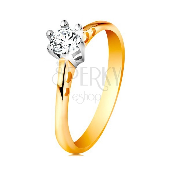 Zlatý 14K prsteň - okrúhle výrezy na ramenách, číry zirkón v kotlíku z bieleho zlata