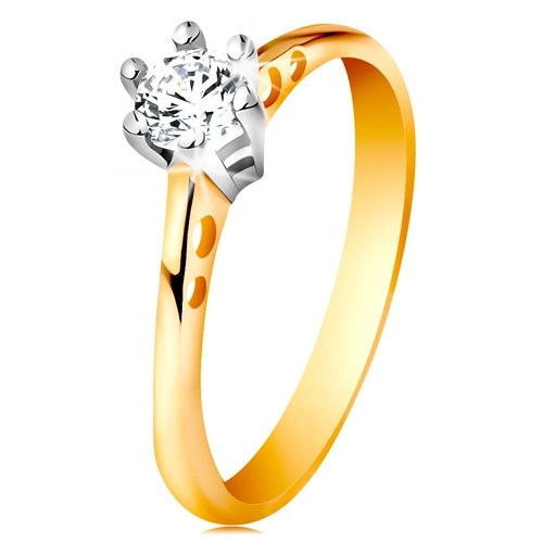 Zlatý 14K prsteň - okrúhle výrezy na ramenách, číry zirkón v kotlíku z bieleho zlata - Veľkosť: 51 mm