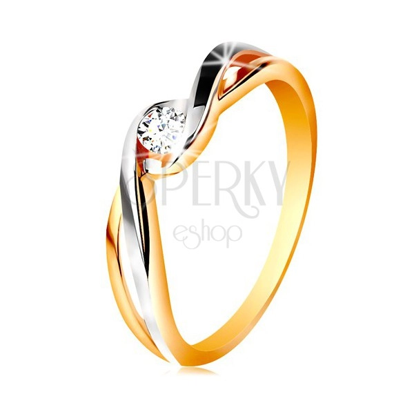 Zlatý prsteň 585 - dvojfarebné, rozdelené a zvlnené ramená, číry zirkón