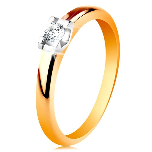 Zlatý prsteň 585 - zaoblené ramená, okrúhly číry zirkón v kotlíku z bieleho zlata - Veľkosť: 60 mm