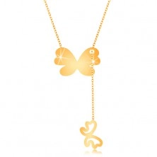 Zlatý 9K náhrdelník - väčší motýľ s visiacim obrysom menšieho motýlika
