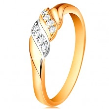 Zlatý prsteň 585 - dve vlnky z bieleho a žltého zlata, trblietavé číre zirkóny