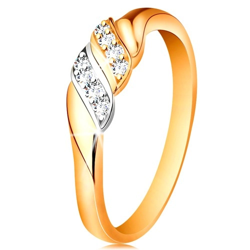 Zlatý prsteň 585 - dve vlnky z bieleho a žltého zlata, trblietavé číre zirkóny - Veľkosť: 49 mm
