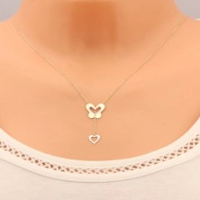 Zlatý 9K náhrdelník - motýľ s výrezom a visiacou kontúrou srdiečka na retiazke