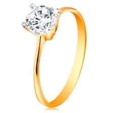 Zlatý prsteň 14K - zúžené ramená, žiarivý číry zirkón v lesklom kotlíku