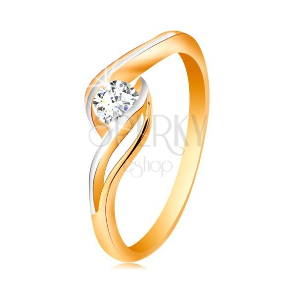 Zlatý prsteň 585 - číry zirkón, dvojfarebné, rozdelené a zvlnené ramená