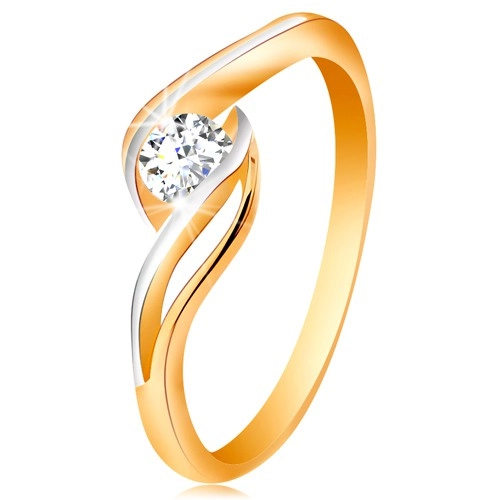 Zlatý prsteň 585 - číry zirkón, dvojfarebné, rozdelené a zvlnené ramená - Veľkosť: 52 mm