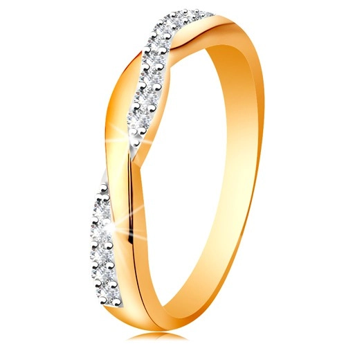 Lesklý prsteň zo 14K zlata - dve prepletené vlnky - hladká a zirkónová - Veľkosť: 57 mm