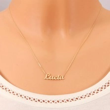 Zlatý 14K náhrdelník - tenká retiazka z oválnych očiek, lesklý prívesok Lucia