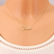 Zlatý nastaviteľný náhrdelník 14K s menom Jana, jemná ligotavá retiazka