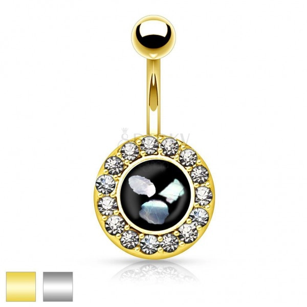 Oceľový piercing do brucha, čierny kruh s kúskami perlete, zirkónový lem