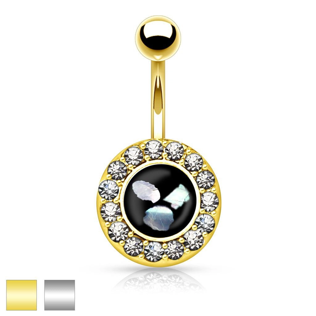 Oceľový piercing do brucha, čierny kruh s kúskami perlete, zirkónový lem - Farba piercing: Zlatá