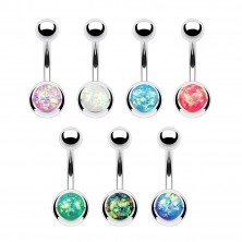 Oceľový piercing do brucha striebornej farby, gulička s imitáciou opálu
