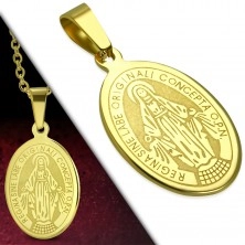 Prívesok z chirurgickej ocele, zlatý odtieň, oválny medailón s Pannou Máriou