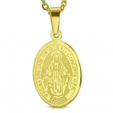 Prívesok z chirurgickej ocele, zlatý odtieň, oválny medailón s Pannou Máriou