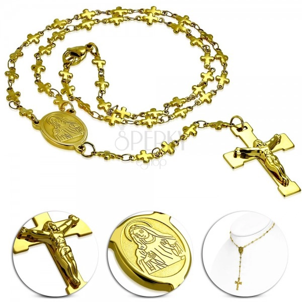 Náhrdelník z ocele 316L zlatej farby s medailónom Panny Márie a krížom