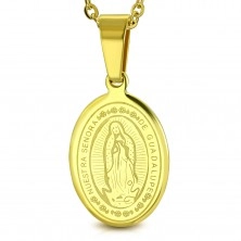 Oceľový prívesok, zlatý odtieň, oválny medailón s Pannou Máriou a nápisom