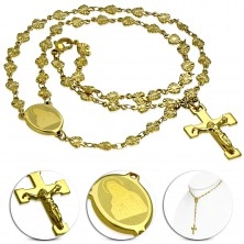 Náhrdelník z chirurgickej ocele zlatej farby s medailónom Panny Márie a krížom