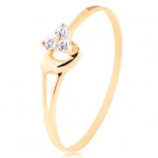 Prsteň zo žltého 14K zlata - tri diamanty v jemnom ružovom odtieni, srdiečko