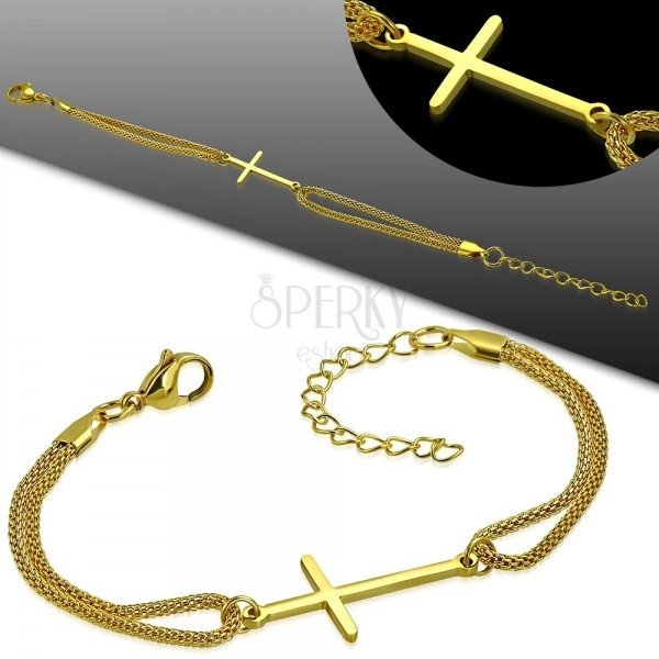 Oceľový náramok zlatej farby, lesklý latinský kríž a dvojitá retiazka