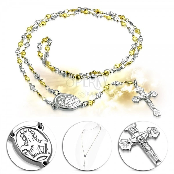 Oceľový náhrdelník - dvojfarebný, s krížom a medailónom Panny Márie