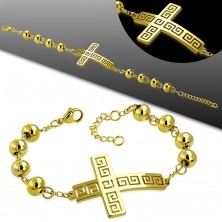 Náramok z chirurgickej ocele v zlatom odtieni, kríž s gréckym vzorom, guličky