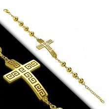 Náramok z chirurgickej ocele v zlatom odtieni, kríž s gréckym vzorom, guličky