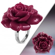 Prsteň z ocele 316L - veľká ružovofialová rozkvitnutá ruža zo živice