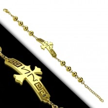 Oceľový náramok v zlatom odtieni, známka s krížom s gréckym kľúčom