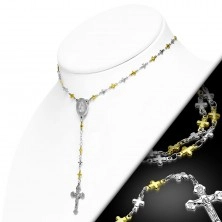 Dvojfarebný náhrdelník s krížom a medailónom Panny Márie, retiazka z krížikov