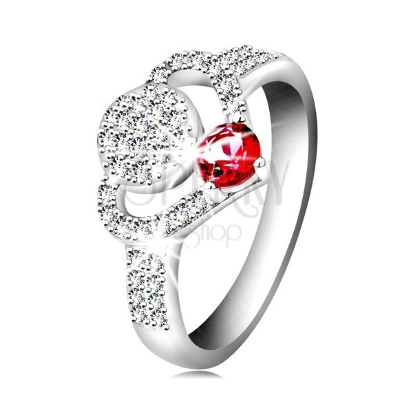 Strieborný 925 prsteň, číry zirkónový obrys srdca, kruh a ligotavý ružový zirkón