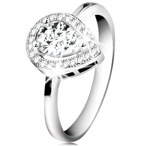 Ródiovaný prsteň, striebro 925, číra zirkónová slza v žiarivej kontúre - Veľkosť: 52 mm
