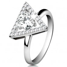 Strieborný 925 prsteň - zirkónový obrys trojuholníka, okrúhly číry zirkón v strede