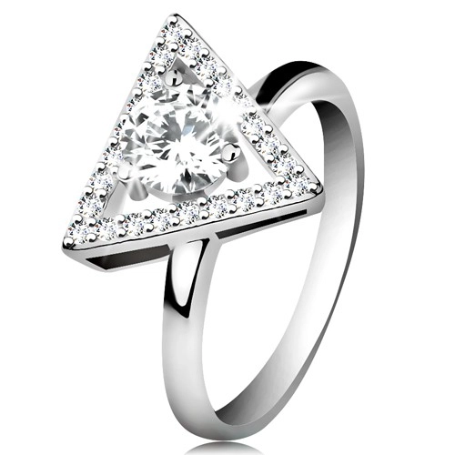 Strieborný 925 prsteň - zirkónový obrys trojuholníka, okrúhly číry zirkón v strede - Veľkosť: 52 mm
