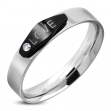 Oceľový prsteň striebornej farby, čierny ovál s nápisom LOVE a zirkónom
